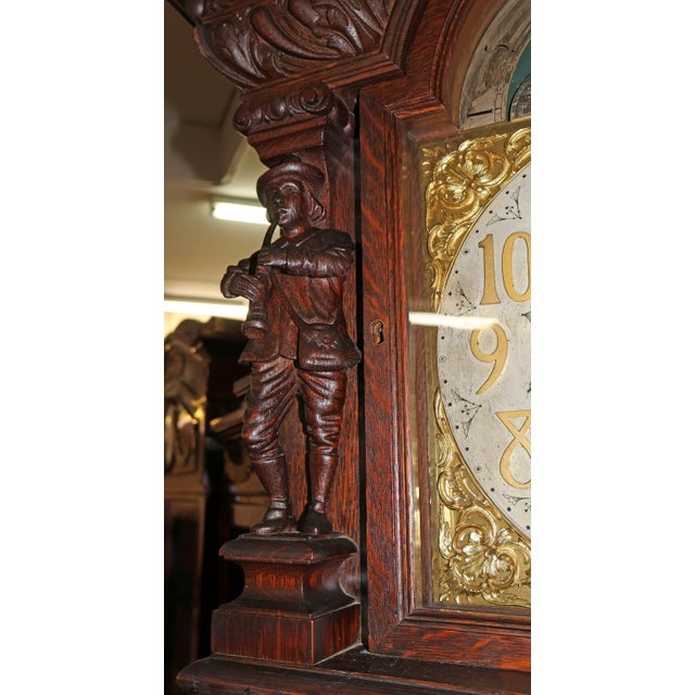 ​​19th Century Tiger Oak Figural Carved Tall Case Grandfather Clock W&h Movement For Sale - Image 9 of 17