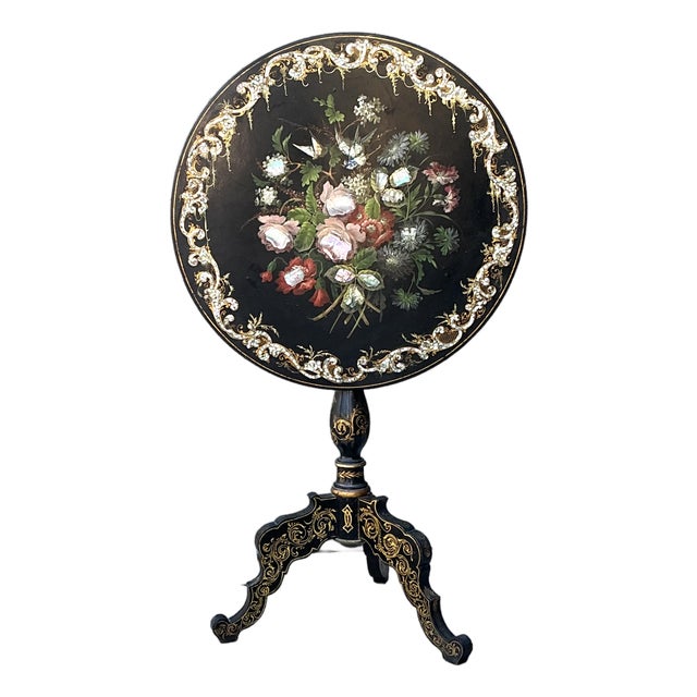 Vintage Mother of Pearl Inlay Tilt Top Table For Sale