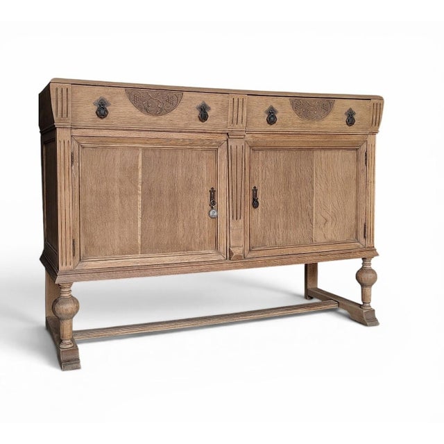 Antique English Oak Sideboard With Bun Feet and Carved Details For Sale - Image 4 of 12