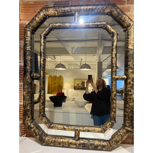 Large wooden faux bamboo mirror with painted tortoise finish. Large mirror with a strong, sophisticated presence