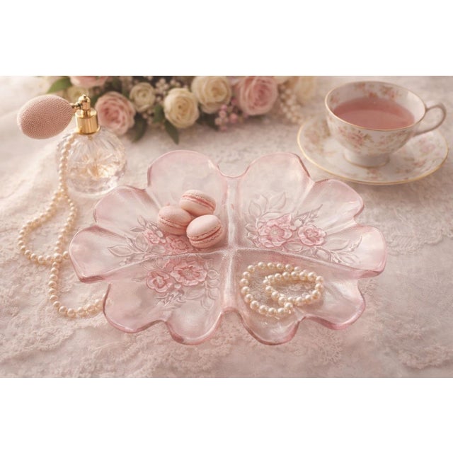 A romantic Mikasa Rosella Pink frosted glass divided dish featuring sculptural petal edges and raised floral detailing in...