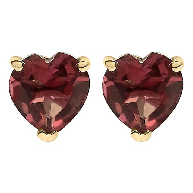 14K Yellow Gold 5MM Heart Cut Garnet Solitaire Stud Earrings For Sale