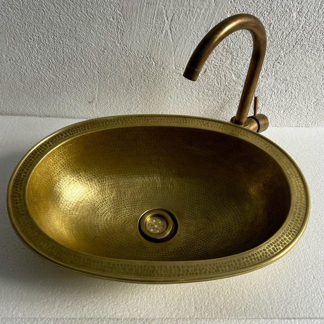 Moroccan Oval Hammered Brass Drop-In Bathroom Sink, Rustic Moroccan Handmade & Brass Drain For Sale - Image 3 of 9