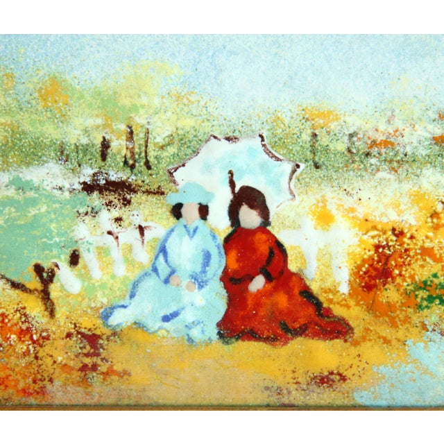 Figurative Vintage Mid Century Enamel on Copper Landscape W/ Figures For Sale - Image 3 of 6