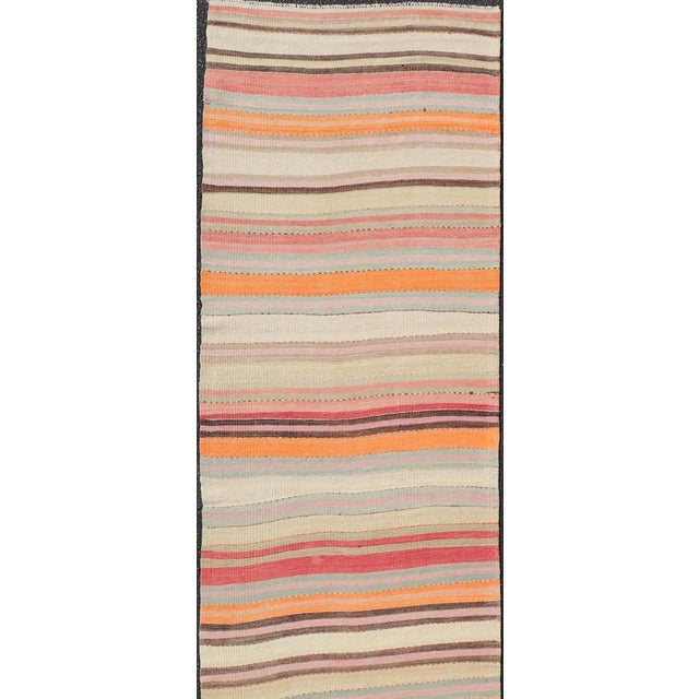 Mid 20th Century Vintage Kilim Runner With Horizontal Stripes in Pastel Vivid Colors For Sale - Image 9 of 12