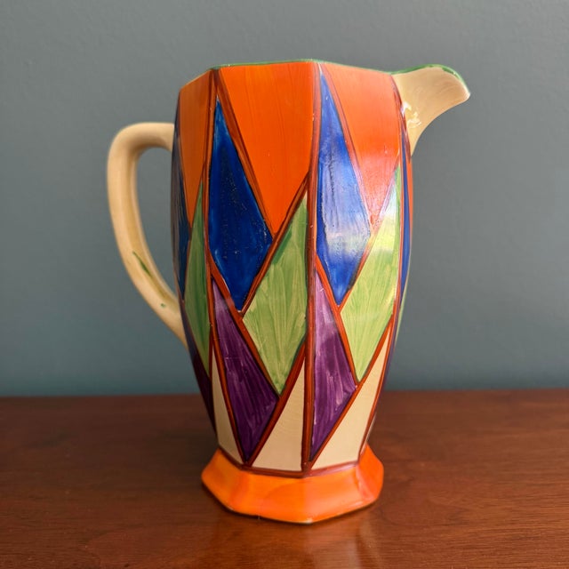 1920s 1929 Clarice Cliff Original Bizarre Athens Jug – Blue, Orange & Green Geometric For Sale - Image 5 of 7
