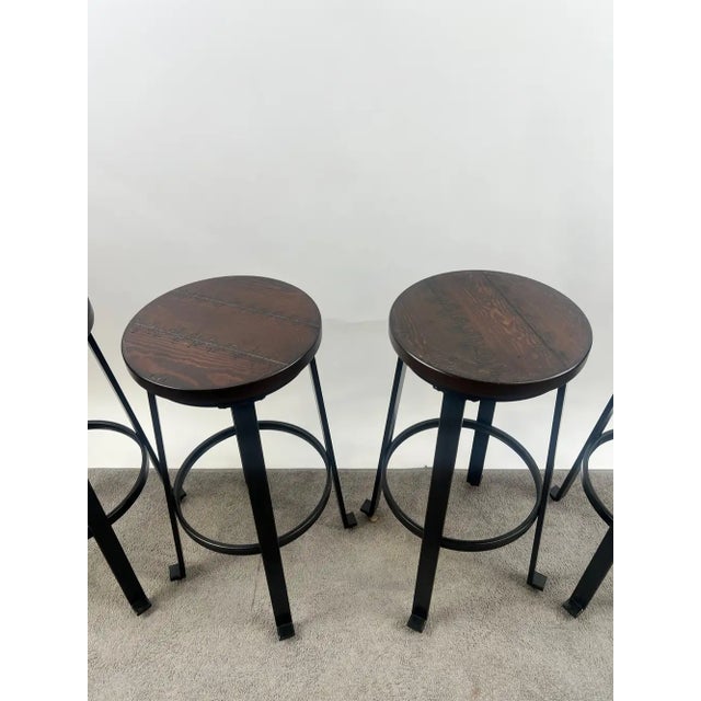 Black Vintage Industrial Style Round Wood Top Bar Stools W Black Iron Legs, Set of 4 For Sale - Image 8 of 11