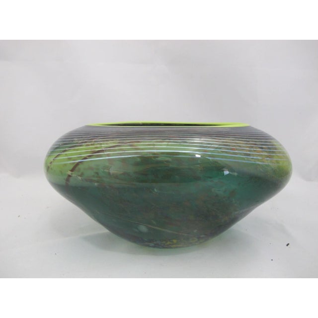 Suzanne Kindland Handblown Icefire Studio Art Glass Green Blue Bowl Vase For Sale - Image 9 of 10