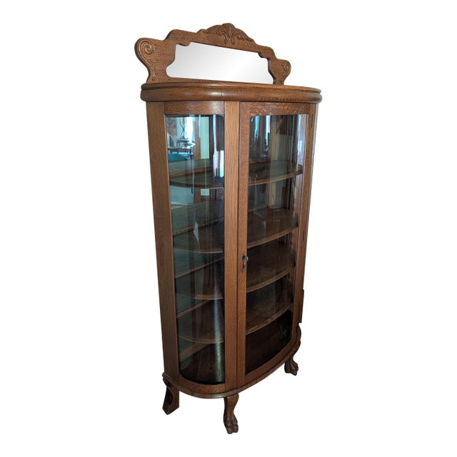 Antique Curved Glass Curio Cabinet For Sale