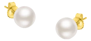 14K Yellow Gold Round White 7.5-8.0MM Saltwater Akoya Cultured Pearl Stud Earrings AAA+ Quality