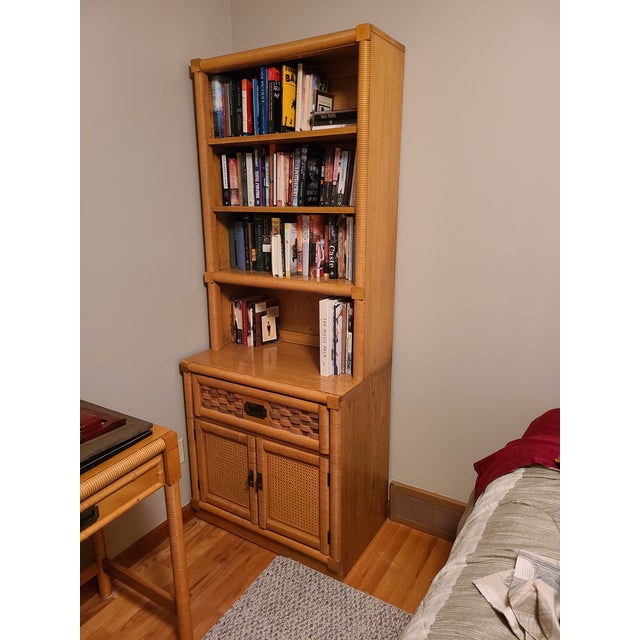 Dixie Furniture Co. 1978 Dixie Wicker Weave Wooden Bookcase For Sale - Image 4 of 5