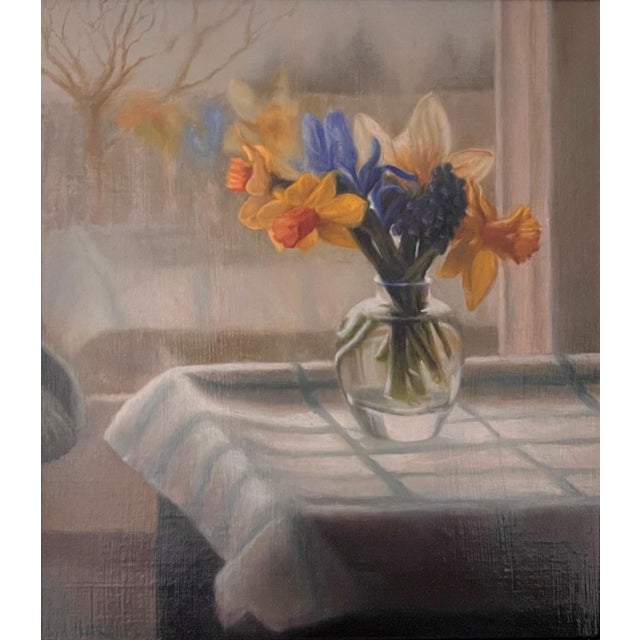 First Blooms by Marsha Whitesides Piper | Oil on Linen dibond panel Still life of flowers in a vase For Sale
