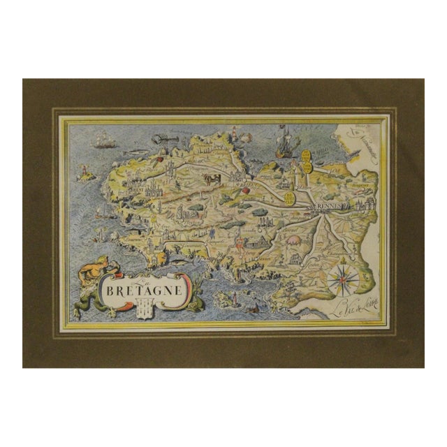 1960's Original French Vintage Mini Map, La Bretagne (Horizontal) For Sale