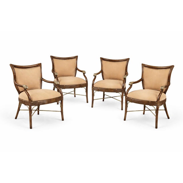 Vintage Hollywood Regency Faux Bamboo Armchairs With Gilt Scroll Arms After Ferguson Copeland, Set of 4 For Sale - Image 13 of 14