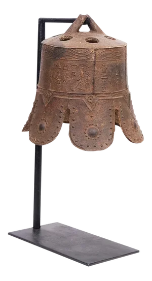 Antique Chinese Qing Dynasty Iron Temple Bell With Stand