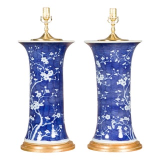 Mid 20th Century Mid Century Modern Porcelain Blue and White Table Lamps with Blooming Trees, a Pair For Sale