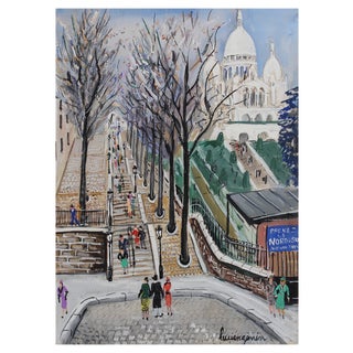 Lucien Génin, Sacré-Coeur Montmartre at Willette Square Paris, 1930s, Gouache on Paper, Framed For Sale