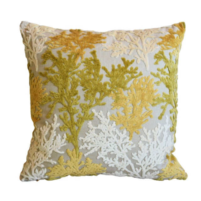 Mid-Century Modern Nautical Coastal Gold, White & Green Coral Cut Velvet Feather/Down Pillow 23" Square For Sale - Image 3 of 5