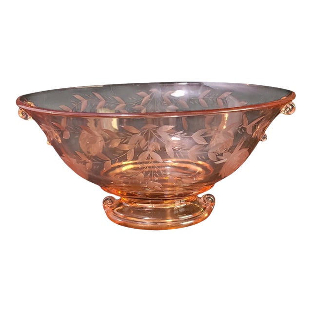 Vintage Deco Depression Glass Imperial Pink Cut Floral Oval Footed Center Bowl For Sale