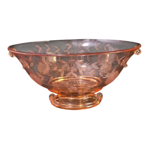 Vintage Deco Depression Glass Imperial Pink Cut Floral Oval Footed Center Bowl