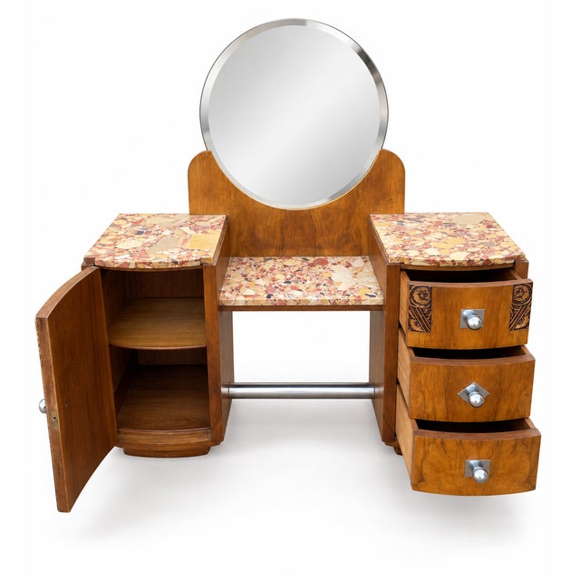Vintage 1930s Art Deco walnut dressing table and matching bedside table. Very good condition. Dimensions: Length 115 cm,...