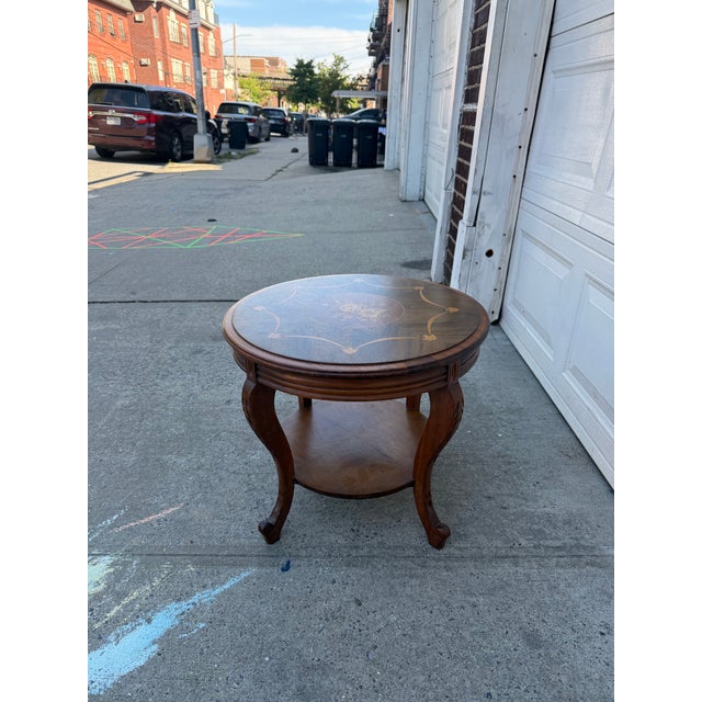 Vintage French Louis XV Style Round Marquetry Side Table With Floral Inlay & Lower Shelf For Sale - Image 10 of 12