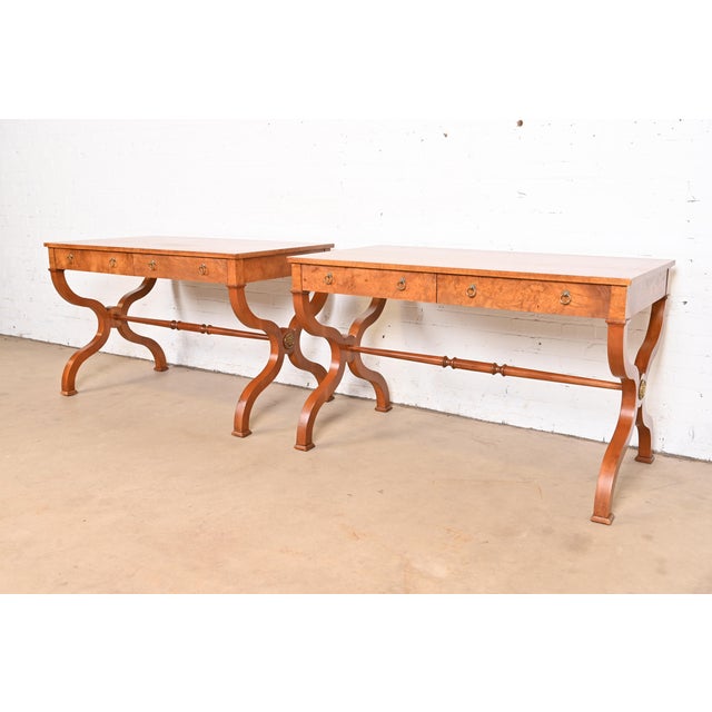 Baker Furniture Regency Burl Wood Writing Desk or Library Table, Newly Refinished For Sale - Image 11 of 12