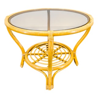 Mid-Century Modern Italian Rattan Coffee Table with Glass Top, 1960s For Sale
