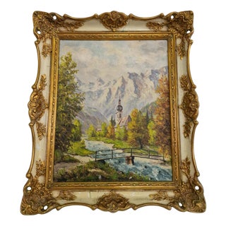 Landscape with Mountain, Nature and Church, 20th Century, Oil on Canvas, Framed For Sale