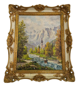 Landscape with Mountain, Nature and Church, 20th Century, Oil on Canvas, Framed