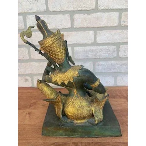 Metal Vintage Thai Prince Musician Gilded Bronze Statue For Sale - Image 7 of 8