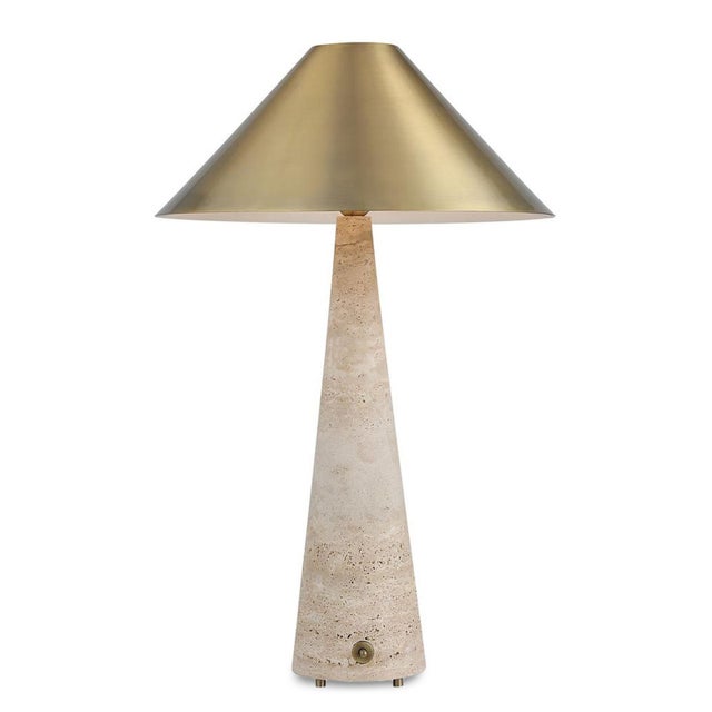 Contemporary Travertine Cone & Brass Table Lamp For Sale - Image 3 of 6