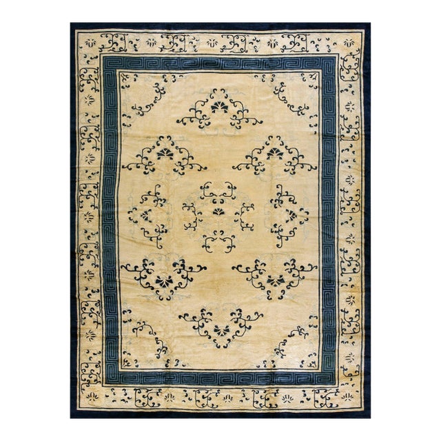 Marvelous Tan and Blue Color With Florid Design Antique Chinese Peking Rug For Sale