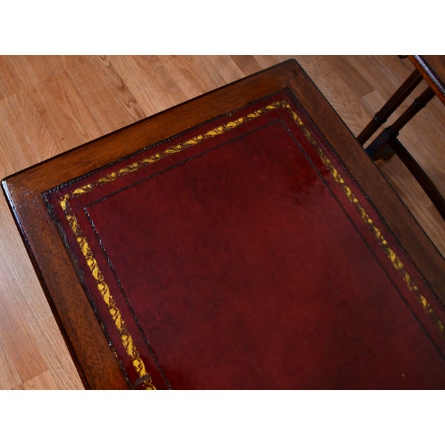 1930s Vintage English Regency Mahogany Wood Leather Top Nesting Tables Tiered Set For Sale - Image 12 of 13
