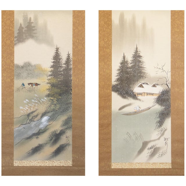 C. 1970s Showa Era Japanese Silk Landscape Scrolls - A Pair For Sale - Image 4 of 17