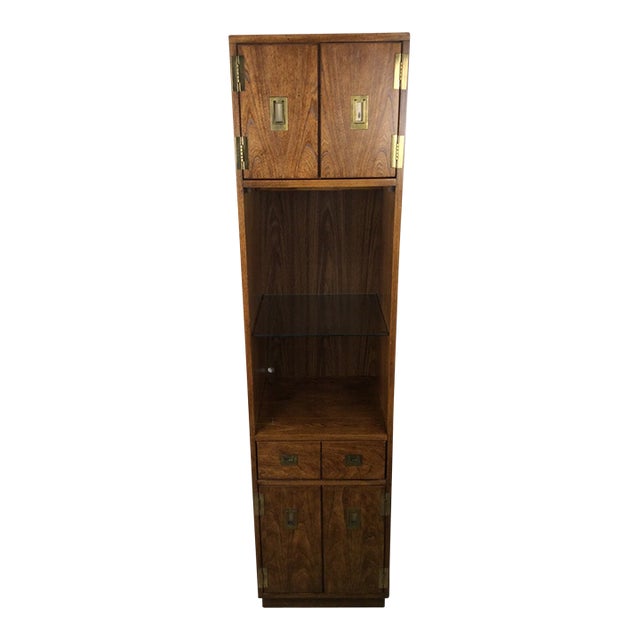 Mid Century Campaign Style Wall Unit With Lighted Glass Shelf by Stanley Furniture For Sale