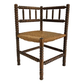 Dutch Oak Bobbin Corner Chair W/ Rush Seat For Sale