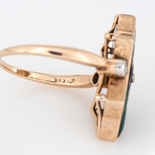 Metal Vintage Art Deco Austrian Ring Chrysoprase Onyx Diamond Sz 7.75 14k Yellow Gold For Sale - Image 7 of 7
