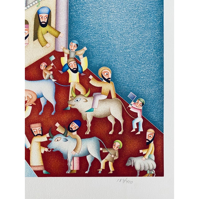 David Sharir, Israeli Naive Folk Art Silkscreen Lithograph David Sharir - Bet Hamikdash Scene For Sale In Miami - Image 6 of 10