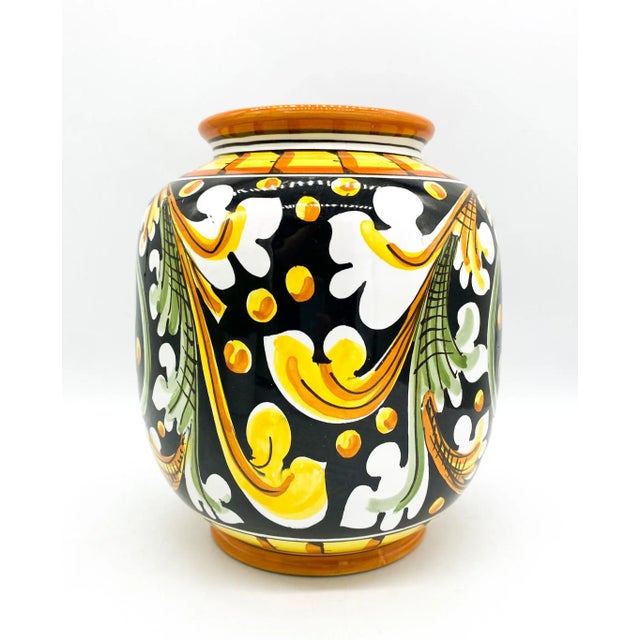 1980's Italian Caltagirone Ceramics Polychrome Hand Painted Terra Cotta Vase For Sale - Image 4 of 8