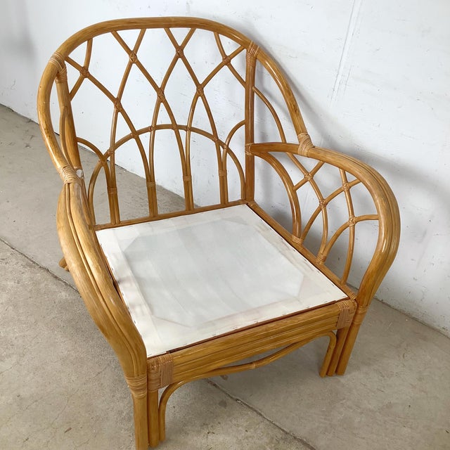 Wood Ficks Reed Style Rattan Lounge Chair and Ottoman With Floral Cushions For Sale - Image 7 of 18