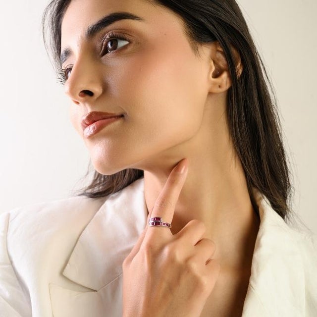 1.91ct Princess Cut Ruby Channel Set Geometric Wrap Bypass Ring Size 5 in 14k Gold For Sale - Image 4 of 14