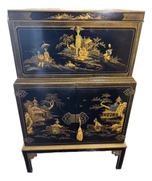 Chinoiserie Black Lacquer Cabinet / Dry Bar With Hand-Painted Gilt Scenes, Mid–Late 20th Century