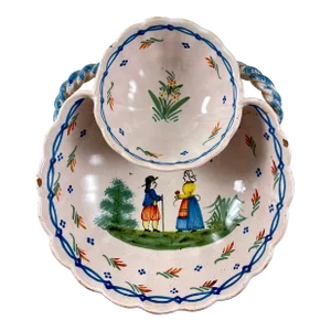 Grande Maison Hb Quimper French Faïence Breton Server W/ Condiment Bowl