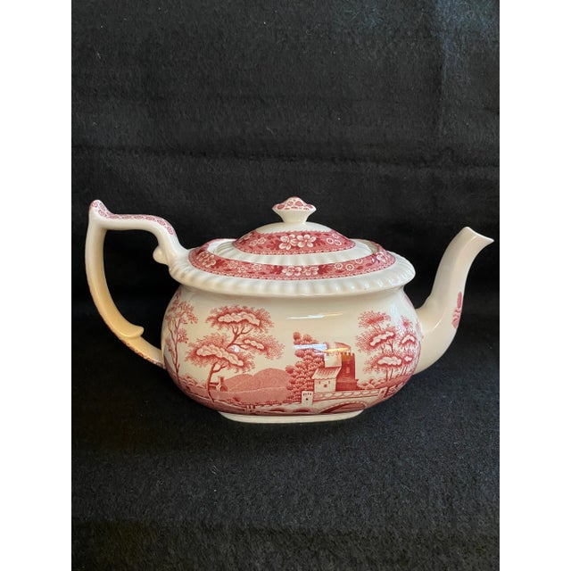 Rare Find; Spode “Pink Tower” Design; English Transferware Tea Pot.Charming; Unique Handle Loop-Single Rest & Loop-Kick Shapes. For Sale - Image 10 of 11