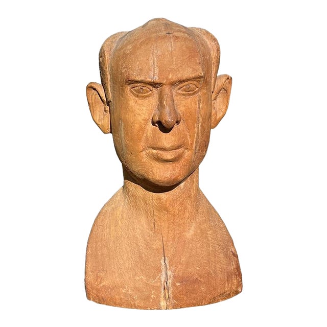 Mid-Century Hand-Carved Wooden Male Bust Sculpture — Jonathan Parks Estate For Sale