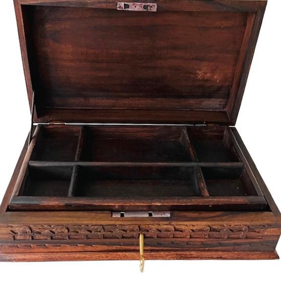 Vintage Indian Handmade Wood Carving Jewelry Box with Lock, 1970s For Sale - Image 10 of 11
