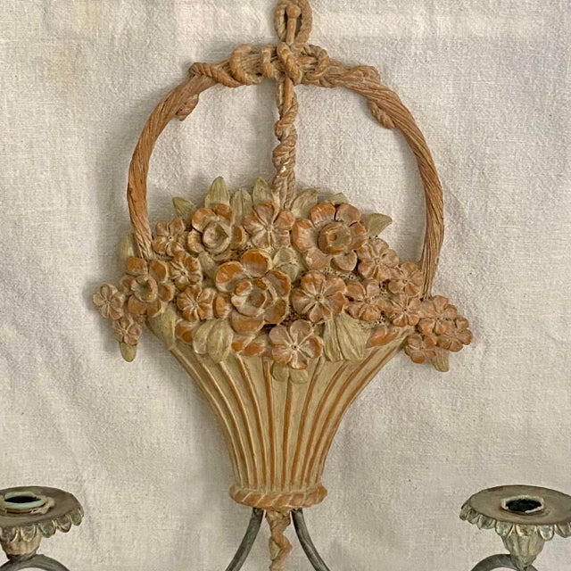 Tan Flower Basket Candle Sconces Metal and Plaster Composite - A Pair For Sale - Image 8 of 10