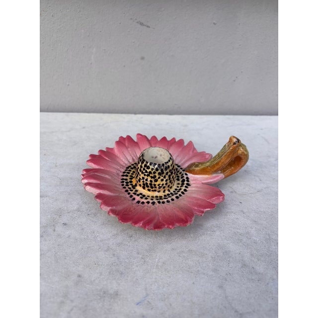 Delphin Massier Majolica Pink Daisy Candelstick Delphin Massier Circa 1890 For Sale - Image 4 of 7