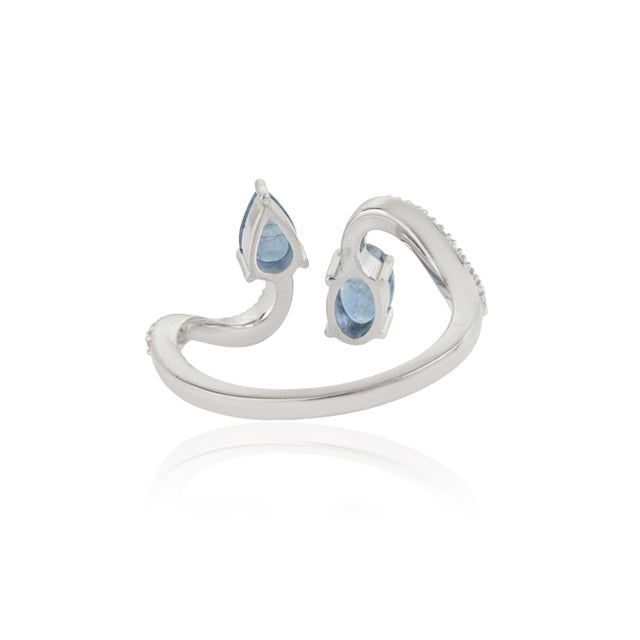 14k Gold Pear & Oval Cut Blue Sapphire & Diamond Bypass Toi Et Moi Ring Size 4 For Sale - Image 9 of 17
